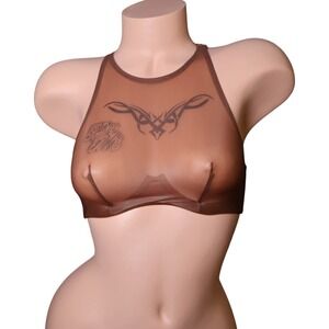 Savage X Fenty Sheer Tattoo Mesh Racerback Bralette Brown 32A NWT